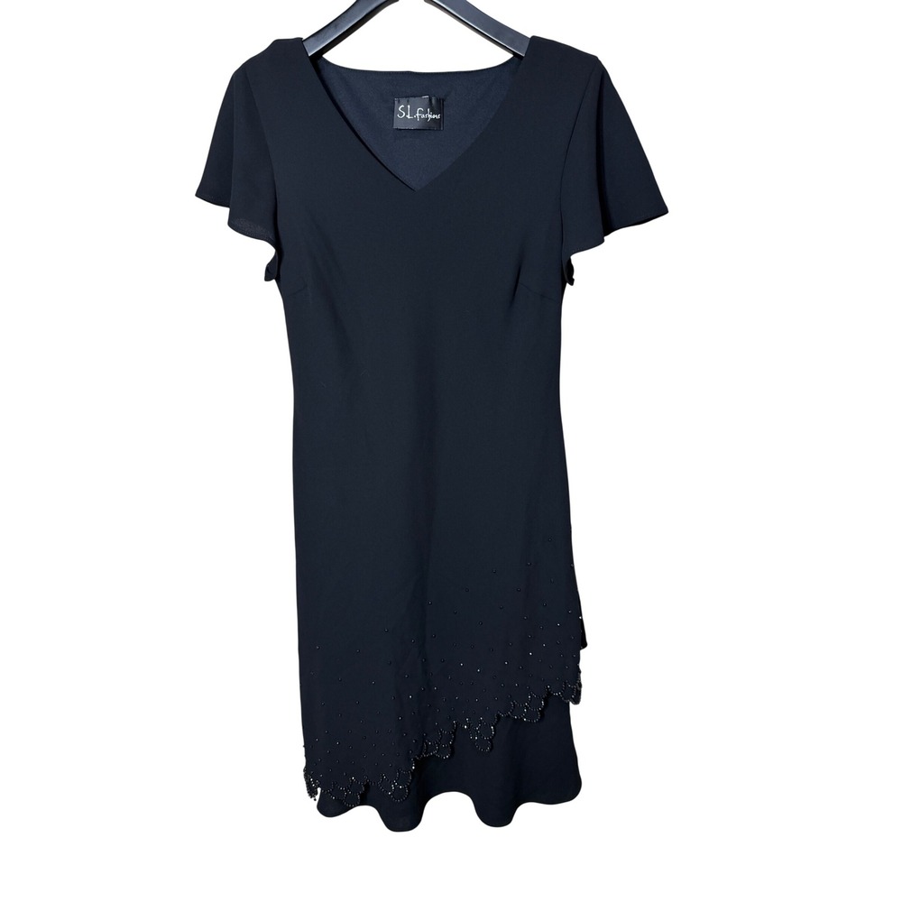 S.L. Fashions Black Beaded Asymmetrical Hem Cocktail Dress Womens 10